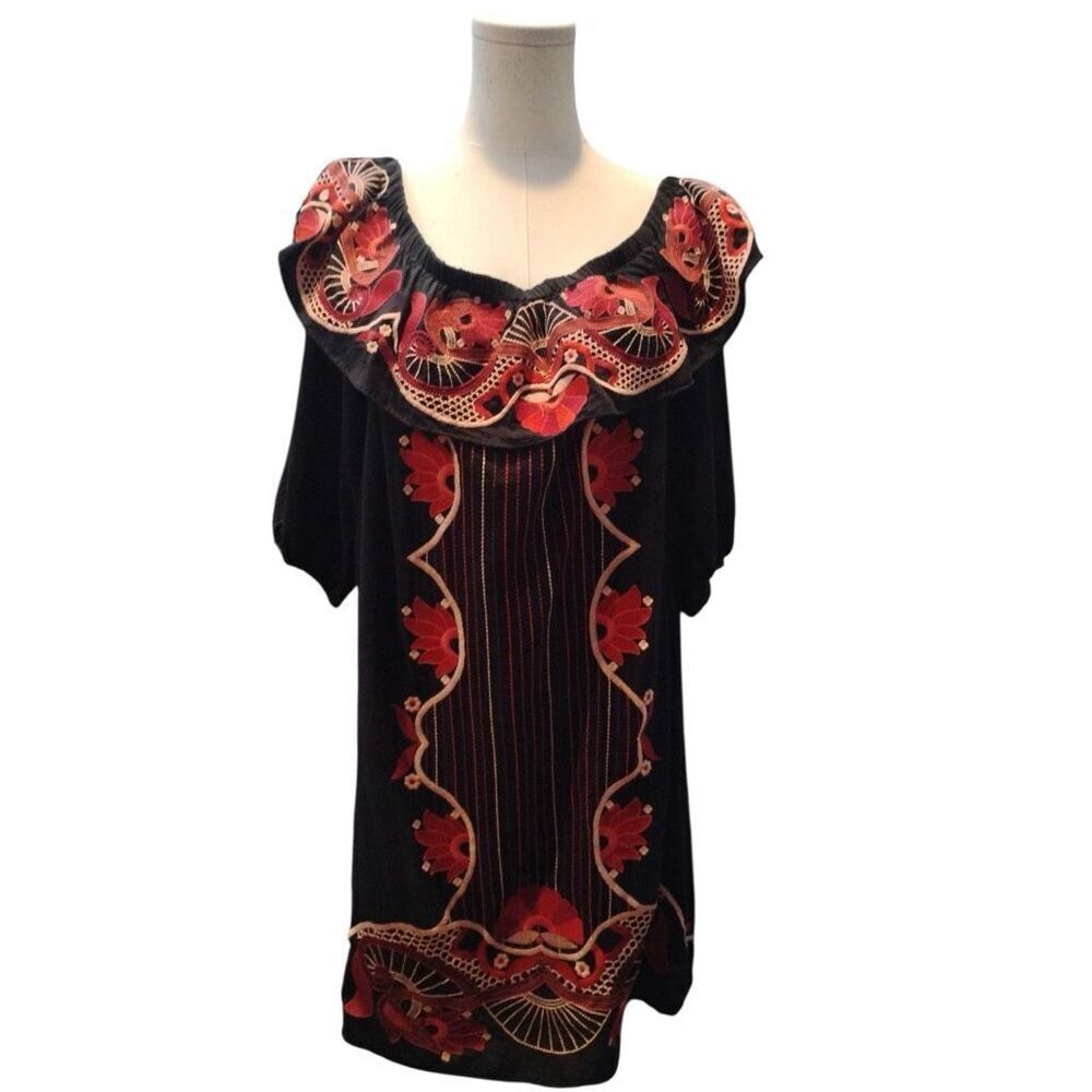 Skies Are Blue Black Embroidered Boho Cotton Midi Dress‎ Size Large